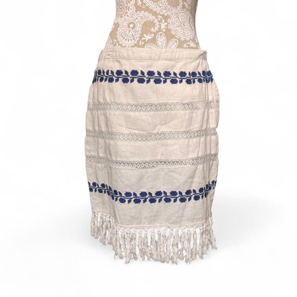 For Cynthia Boho Fringe Skirt L Beige Blue Embroidered Tassel Hem Festival Vibe - Picture 2 of 7